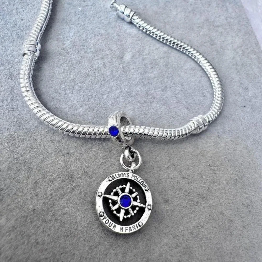 Compass Always Follow Your Heart Blue Crystal Dangle Charm fits PANDORA